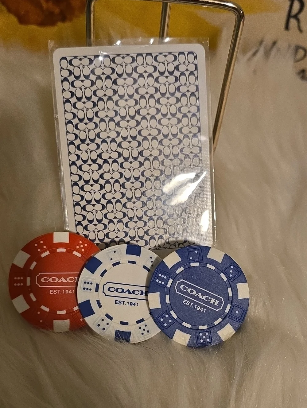 COACH Poker Chip Set with Blue, White & Red Chips 3 Chips And 1 Card